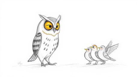 A charming hand-drawn pencil sketch in the style of Pixar, depicts a gentle blind owl with slightly outstretched wings, guidi
