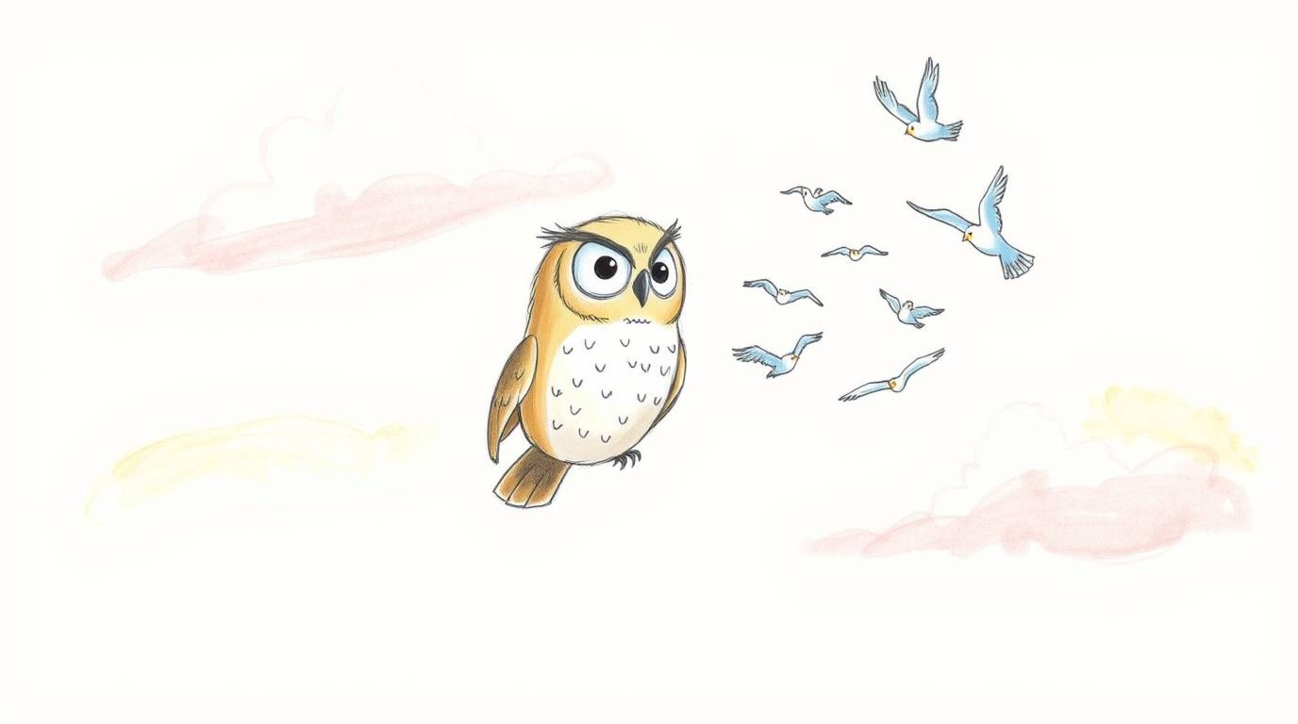 A whimsical, hand-drawn sketch in the style of Pixar depicts a heartwarming scene: a blind owl with soft, expressive features