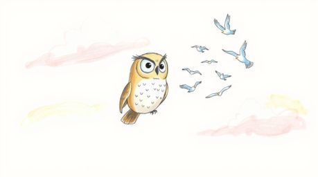 A whimsical, hand-drawn sketch in the style of Pixar depicts a heartwarming scene: a blind owl with soft, expressive features