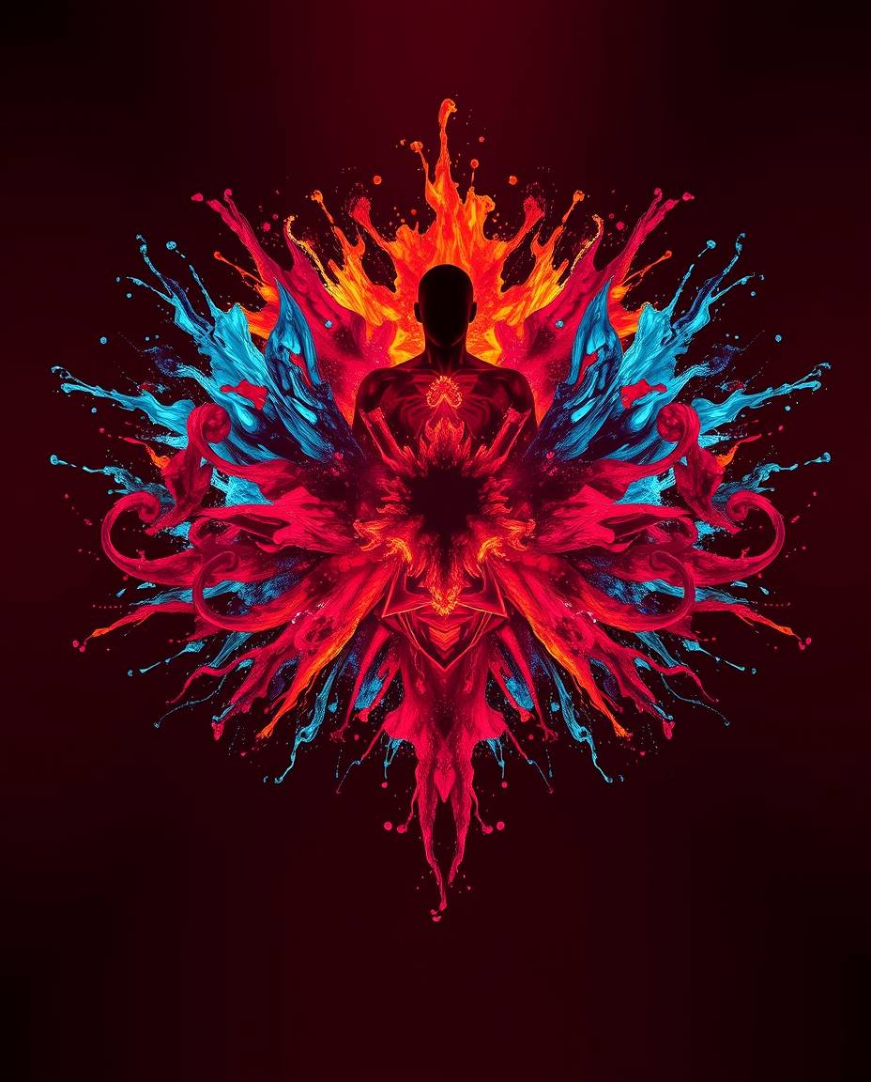 A stunning photograph showcasing a massive and vibrant splash pattern that coalesces into the form of a human silhouette, ren