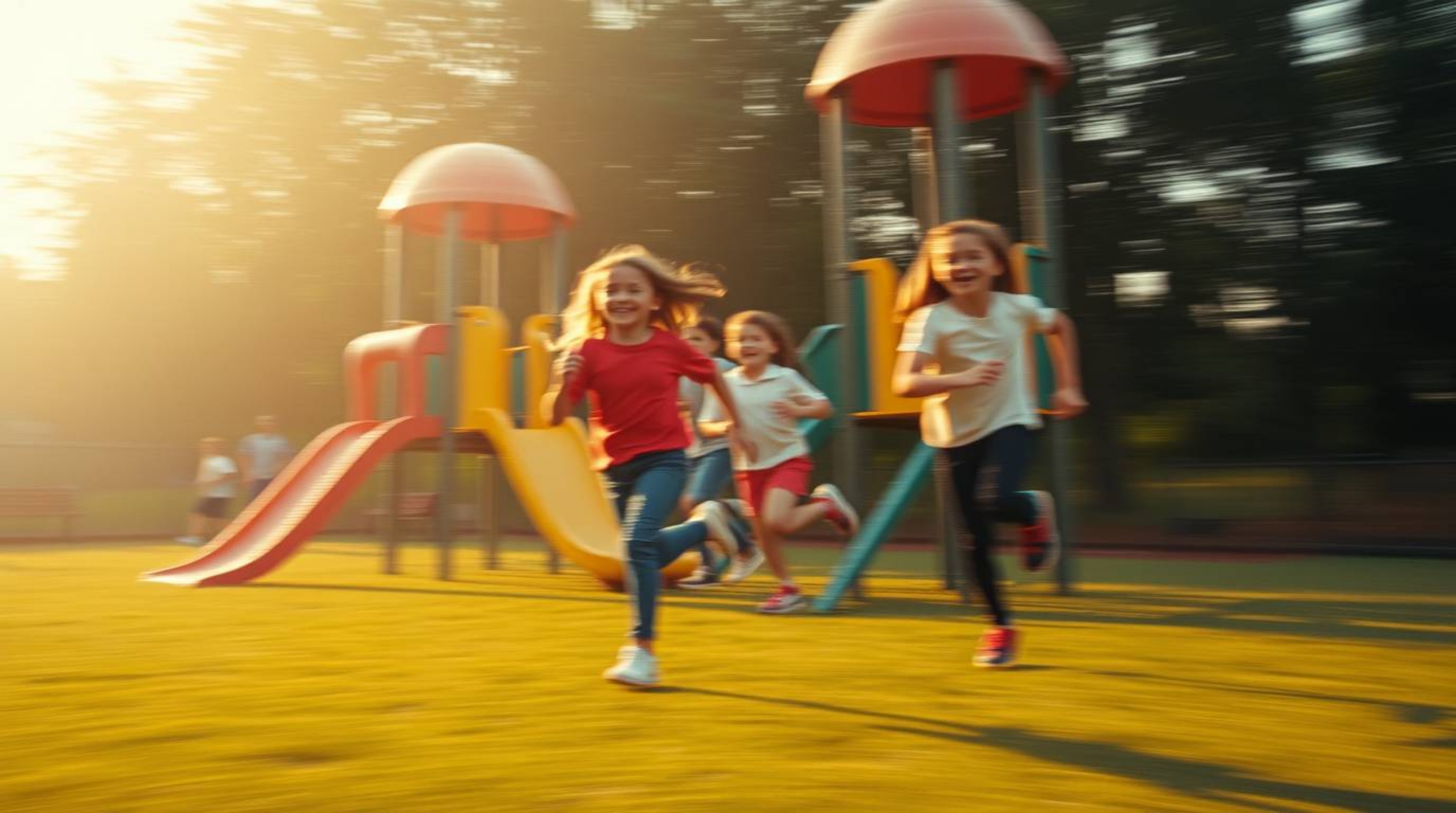 Experience a dramatic slow-motion run through a vibrant playground, captured with a soft cinematic haze, balanced tones, and