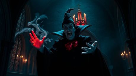 This image captures a dramatic and cinematic scene of a classic Disney villain conjuring a spell within the grand halls of a