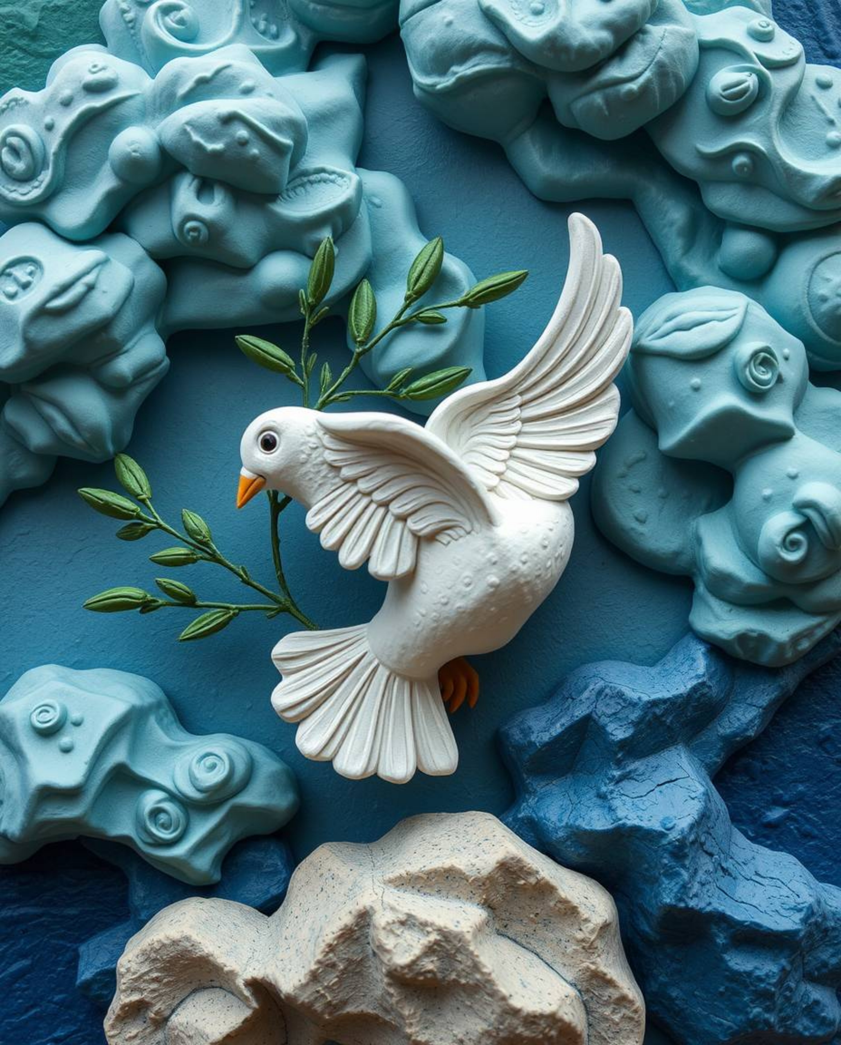 A stunning piece of sculptural clay art depicts a dove carrying an olive branch amidst stormy skies.  The artwork features mo