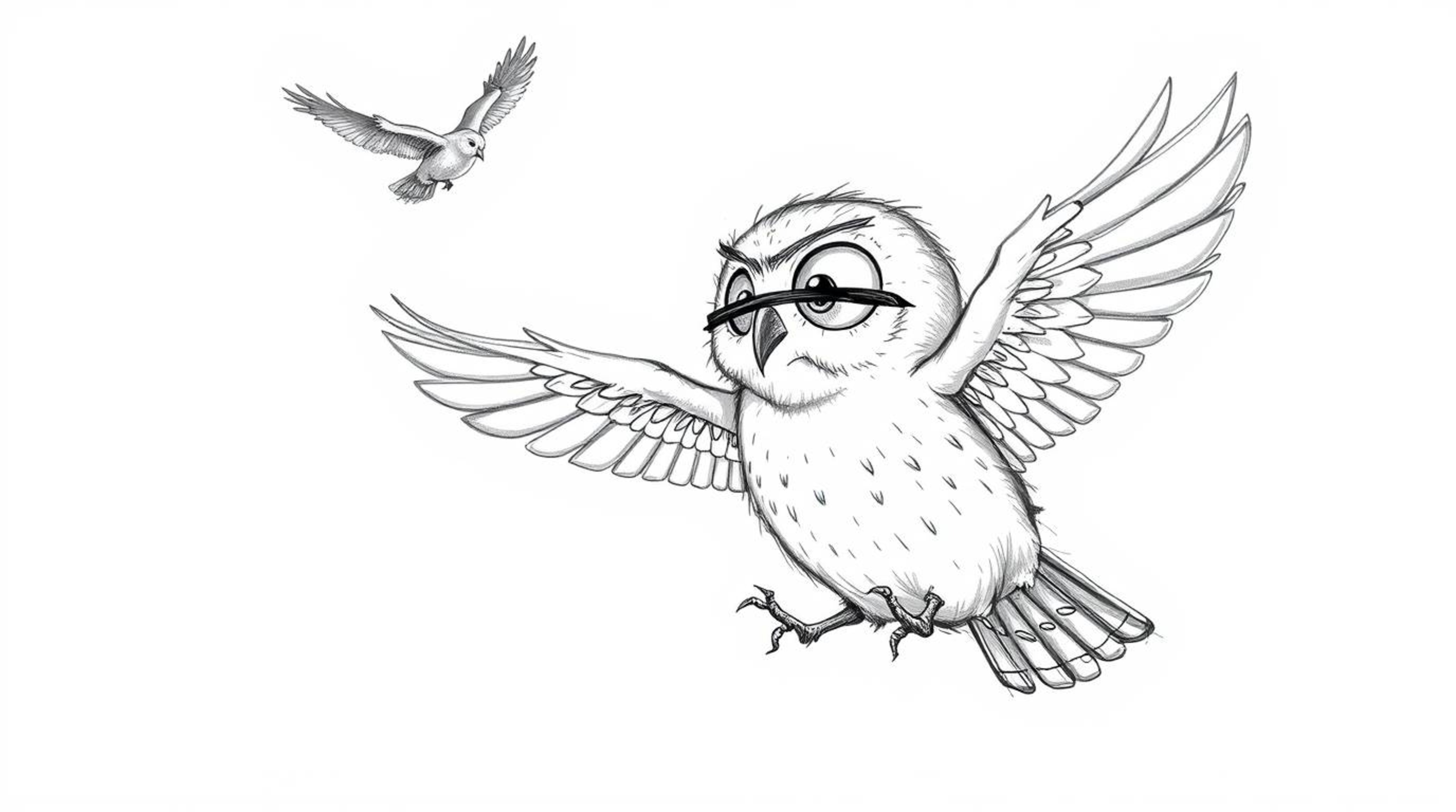 A charming hand-drawn sketch in the style of Pixar depicts a blind owl, with soft, round features, patiently teaching birds t