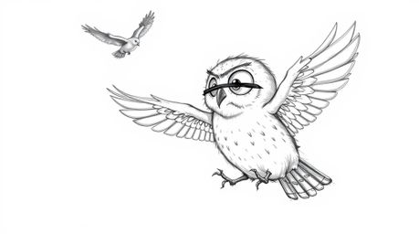A charming hand-drawn sketch in the style of Pixar depicts a blind owl, with soft, round features, patiently teaching birds t