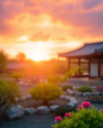 Experience a vibrant sunset over a serene Zen garden, beautifully captured with a stunning blurred bokeh effect. This techniq