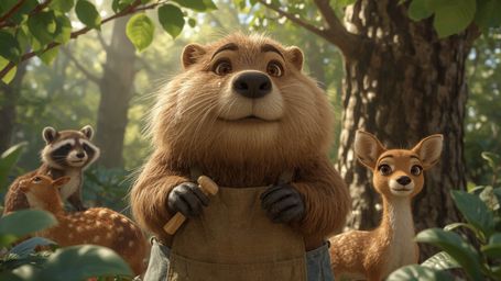 A high-resolution stock photo, in a whimsical Pixar-inspired style, of a beaver with a fluffy brown coat wearing a tiny carpe