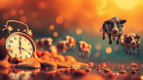 A captivating surreal dreamscape image features melting clocks and floating cows, set against a softly blurred background.  W