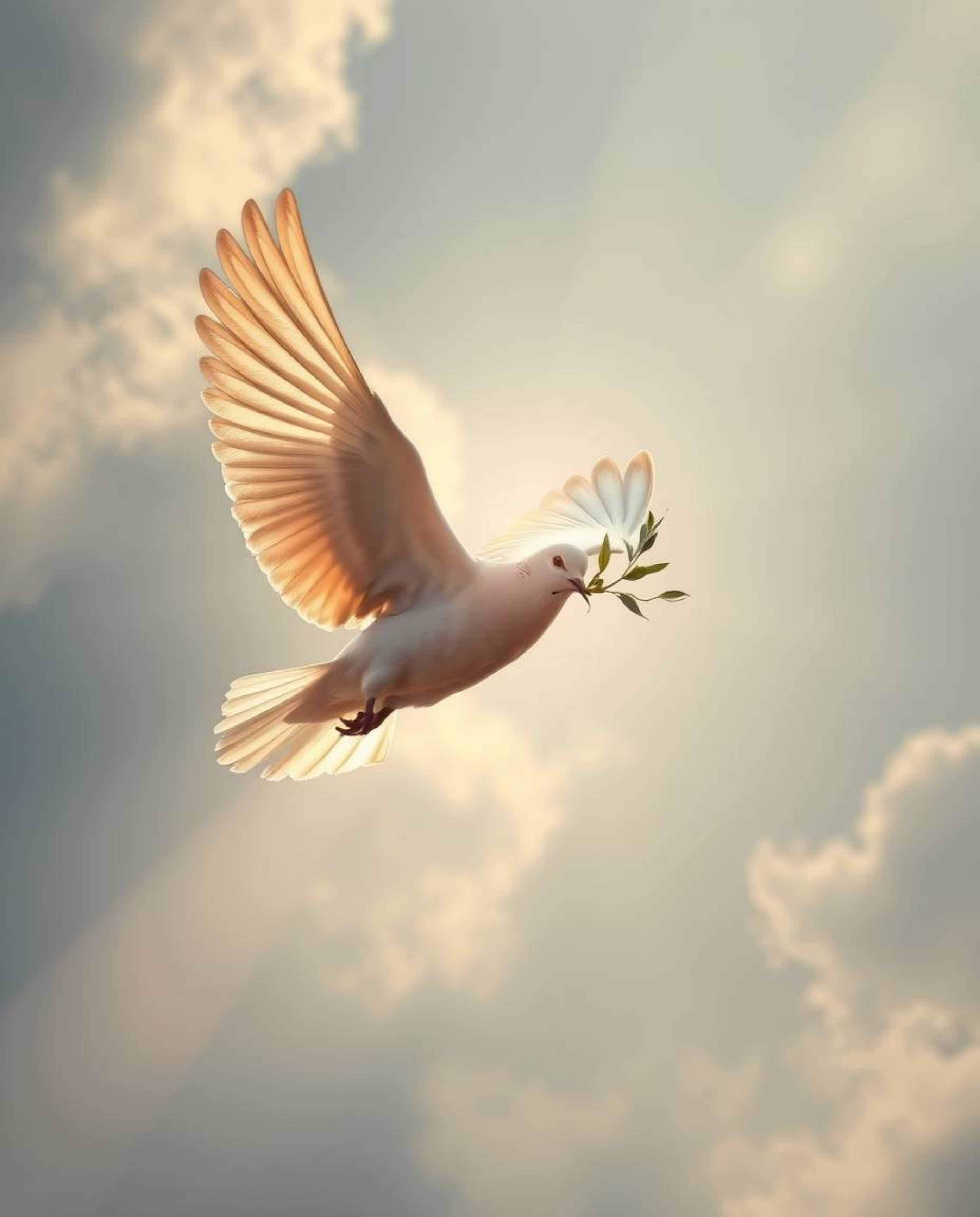 A majestic dove, bearing an olive branch, navigates either a grand, epic landscape characterized by sharp lines and lens flar