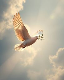 A majestic dove, bearing an olive branch, navigates either a grand, epic landscape characterized by sharp lines and lens flar