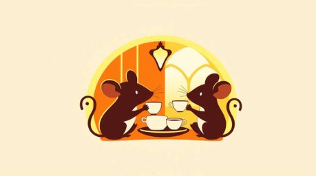 A logo design concept inspired by a warm golden glow, featuring adorable anthropomorphic mice enjoying a delightful tea party
