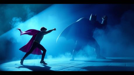 A superhero, bathed in cool blues, greens, and purples, confronts a comical villain in a dynamic battle. Strong shadows and a
