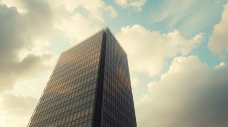 A modern glass building appears to dissolve seamlessly into the sky and clouds, creating a dreamlike effect that symbolizes a