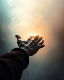 A captivating image depicts a hand reaching towards a radiant light, emerging from a dark and misty atmosphere.  Dramatic lig
