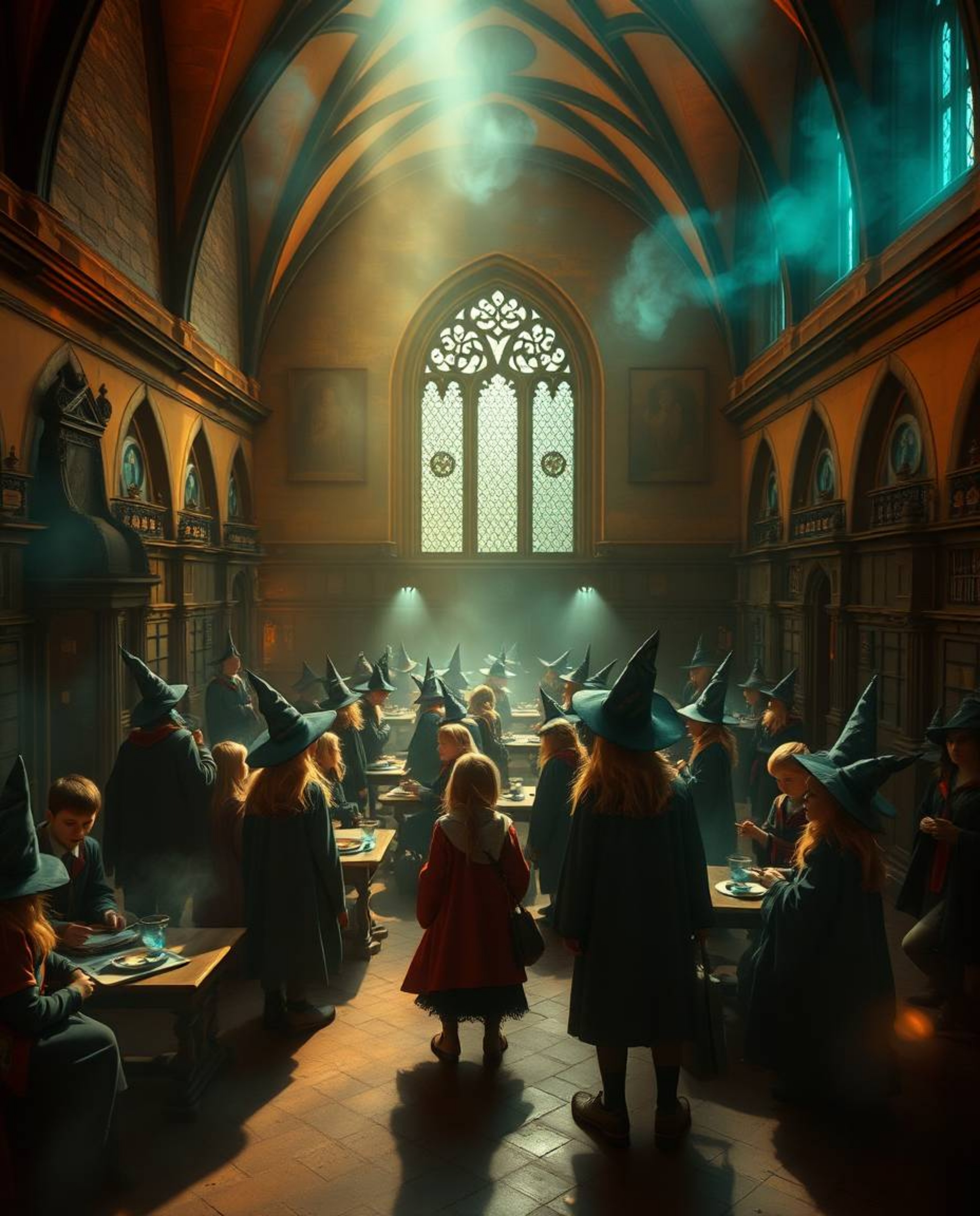 Immerse yourself in a magical school brimming with young wizards, where warm terracotta tones blend seamlessly with cool teal