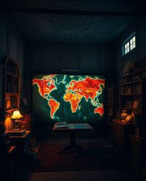 A captivating scene unfolds within an old study bathed in natural light, where a glowing, bioluminescent map, adorned with wa