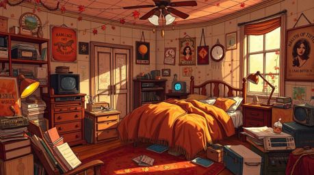 A captivating illustration depicts a messy yet elegant bedroom bathed in warm autumn colors.  Rich browns, oranges, and reds 