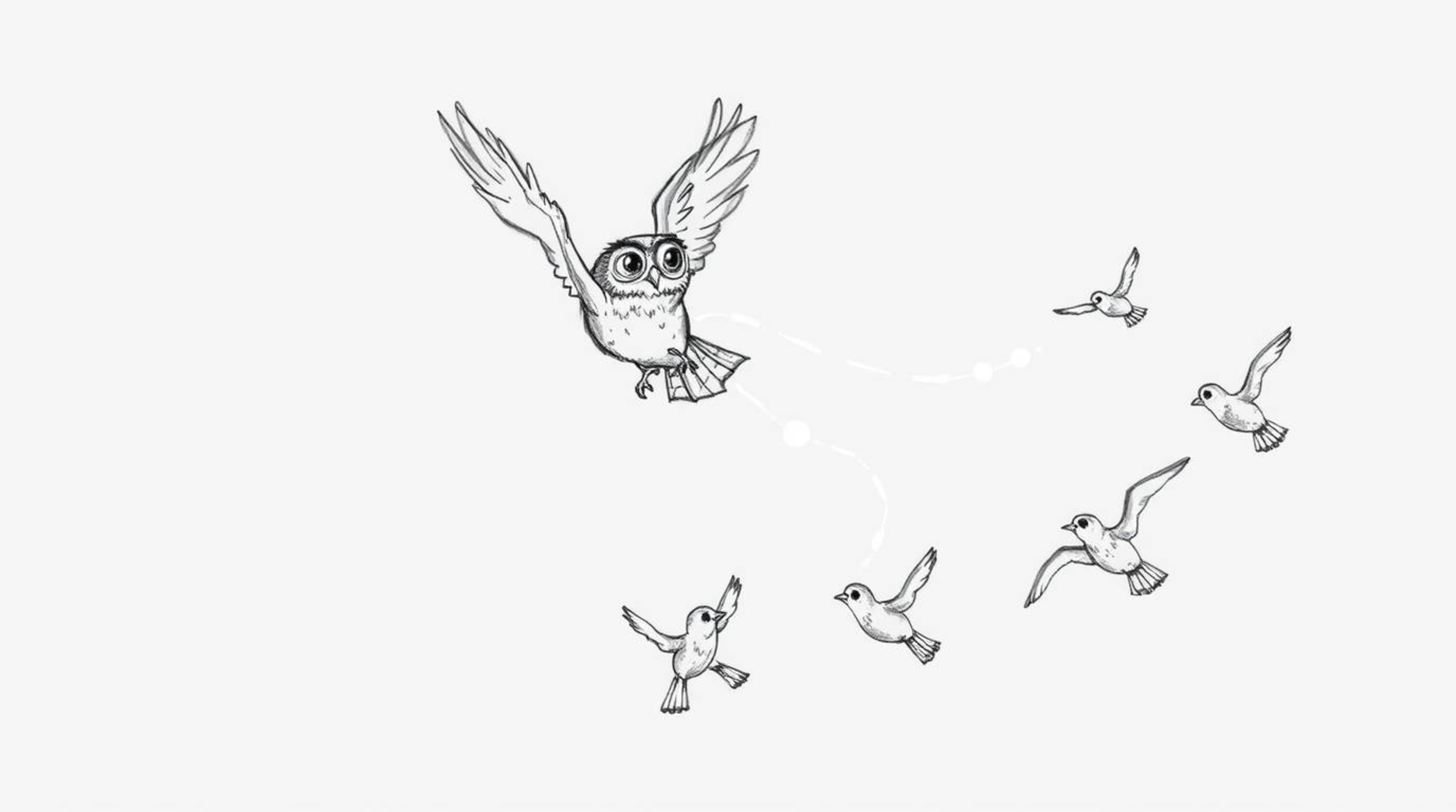 A hand-drawn sketch in the style of Pixar shows a blind owl mid-flight, teaching several birds how to fly.  The owl and birds