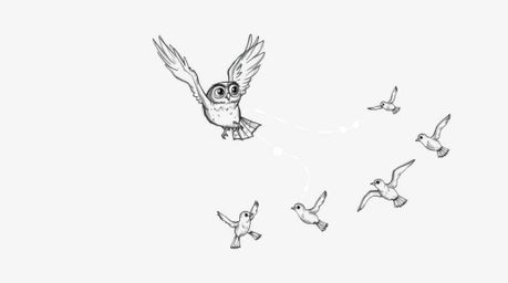 A hand-drawn sketch in the style of Pixar shows a blind owl mid-flight, teaching several birds how to fly.  The owl and birds