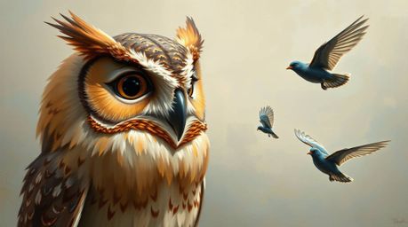 A heartwarming scene unfolds in a classic oil painting style, showcasing rich textures and visible brushstrokes. A blind owl,