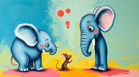 A captivating acrylic painting depicts a mischievous elephant and mouse duo engaged in playful antics.  The artwork boasts sm
