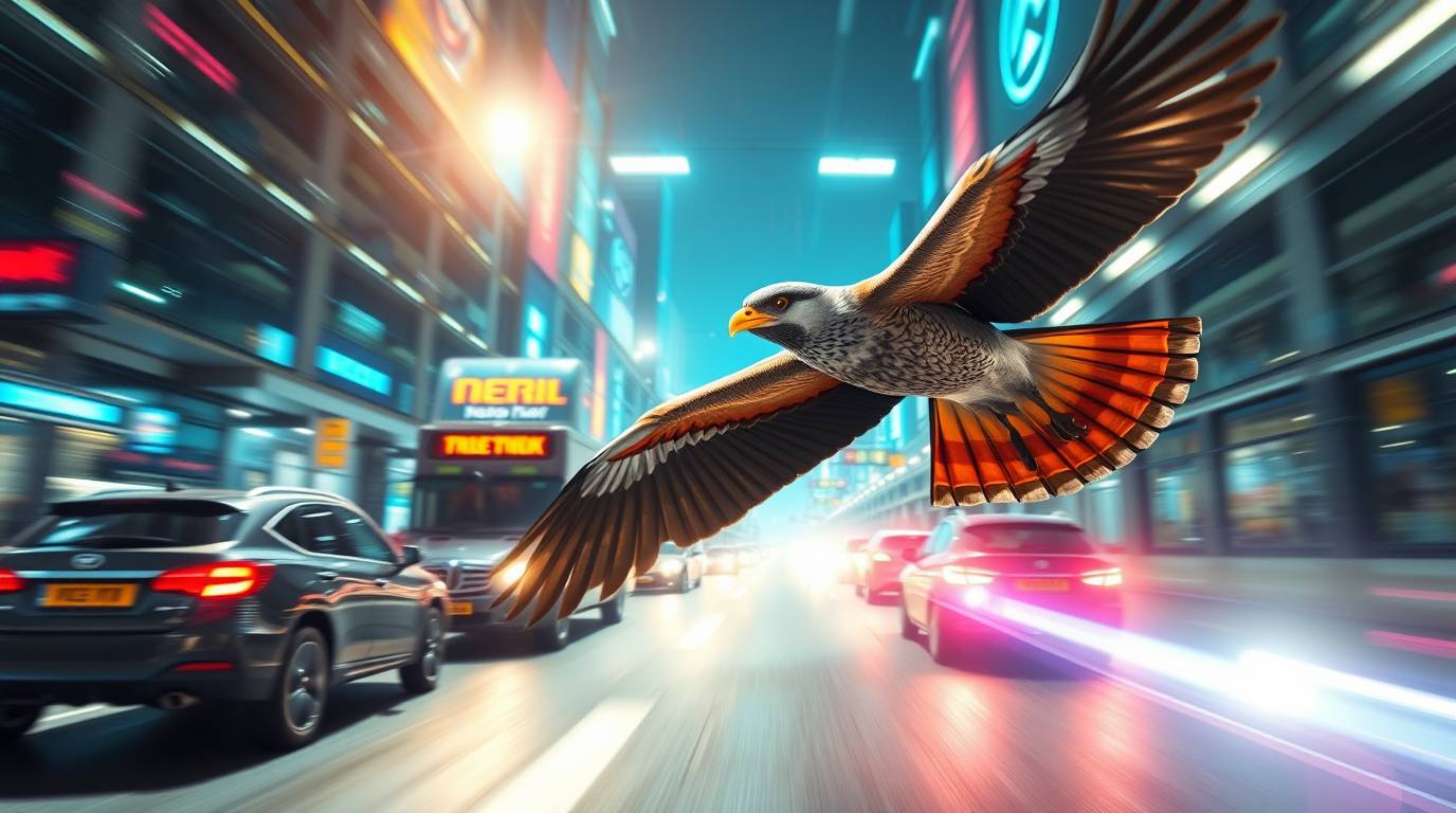 A bright and vibrant futuristic scene featuring a fast-running bird zooming past traffic with epic lens glow lighting. The im