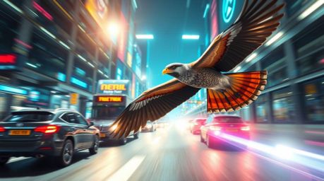A bright and vibrant futuristic scene featuring a fast-running bird zooming past traffic with epic lens glow lighting. The im