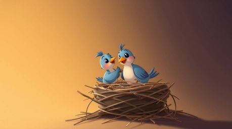 A professional fine art photograph showcases two cartoon birds diligently constructing a nest.  Rendered in a classic animati