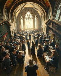 Discover a captivating classic oil painting depicting a magical school brimming with young wizards.  This high-angle perspect