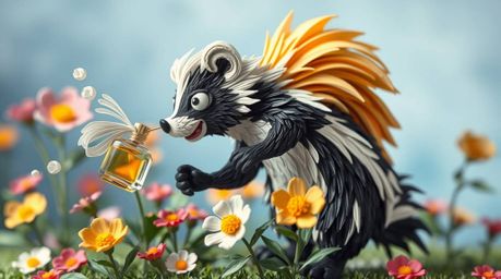 This artwork features a dynamic, layered papier-mâché cartoon skunk playfully spraying perfume on flowers. The piece incorpor