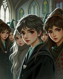 This artwork presents a graceful and elegant depiction of a magical school brimming with young wizards.  The focus is on refi