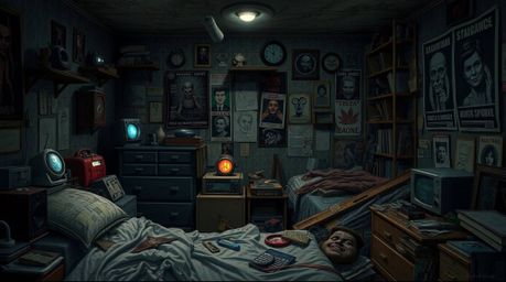Explore a hauntingly messy bedroom filled with bizarre gadgets and intriguing posters, all rendered in an eerie and creepy at