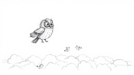 A Pixar-inspired hand-drawn sketch depicts a blind owl with textured pencil strokes and slightly scruffy feathers. The owl is
