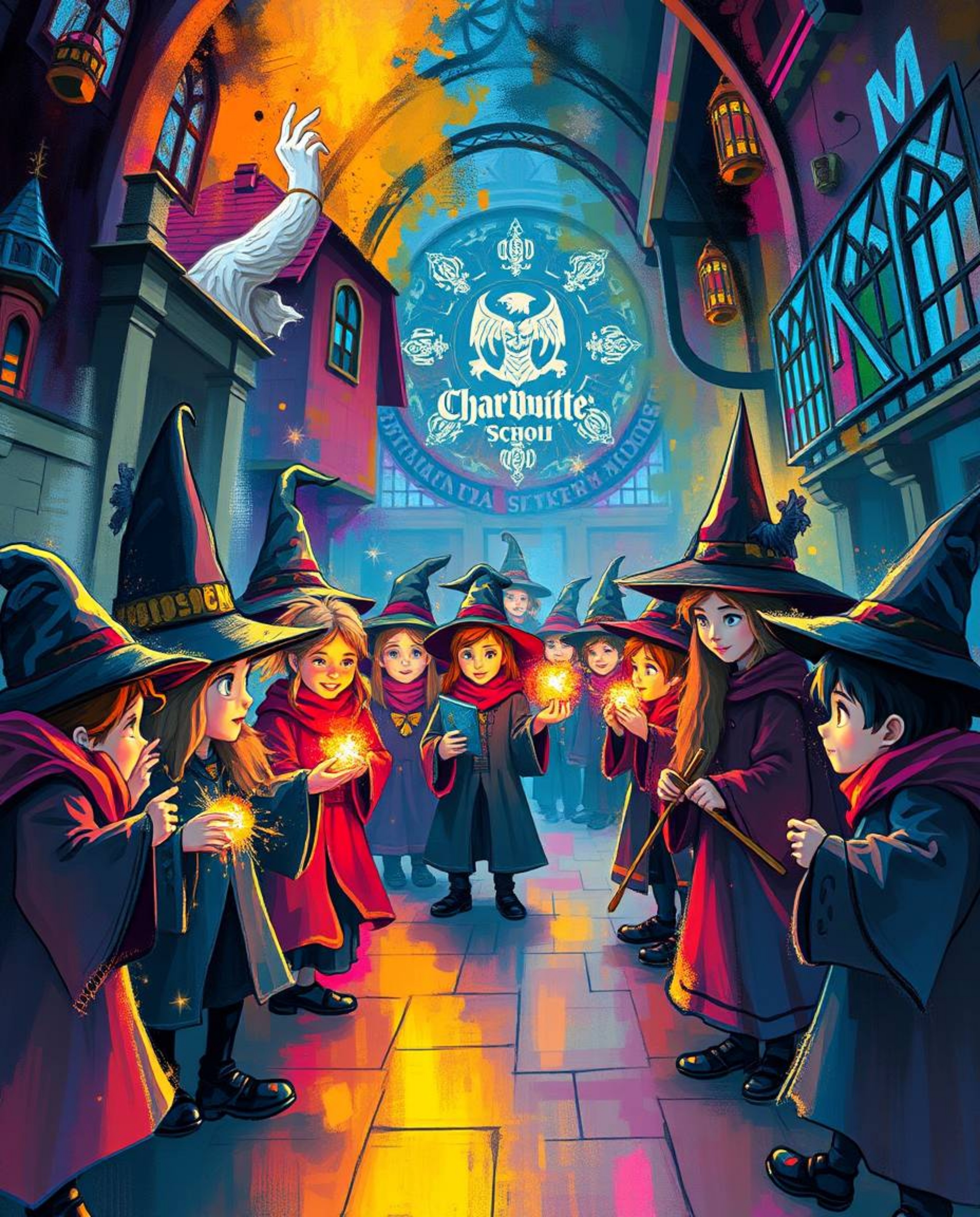Explore a magical school brimming with young wizards, brought to life through creative light art. The scene is rendered in vi