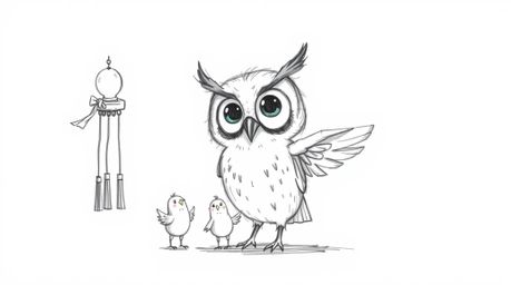 A heartwarming hand-drawn sketch in the style of Pixar animation depicts a gentle, blind owl with large, compassionate eyes. 
