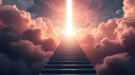 A surreal stairway ascends through smoky clouds towards a radiant celestial light, a captivating visual metaphor for spiritua