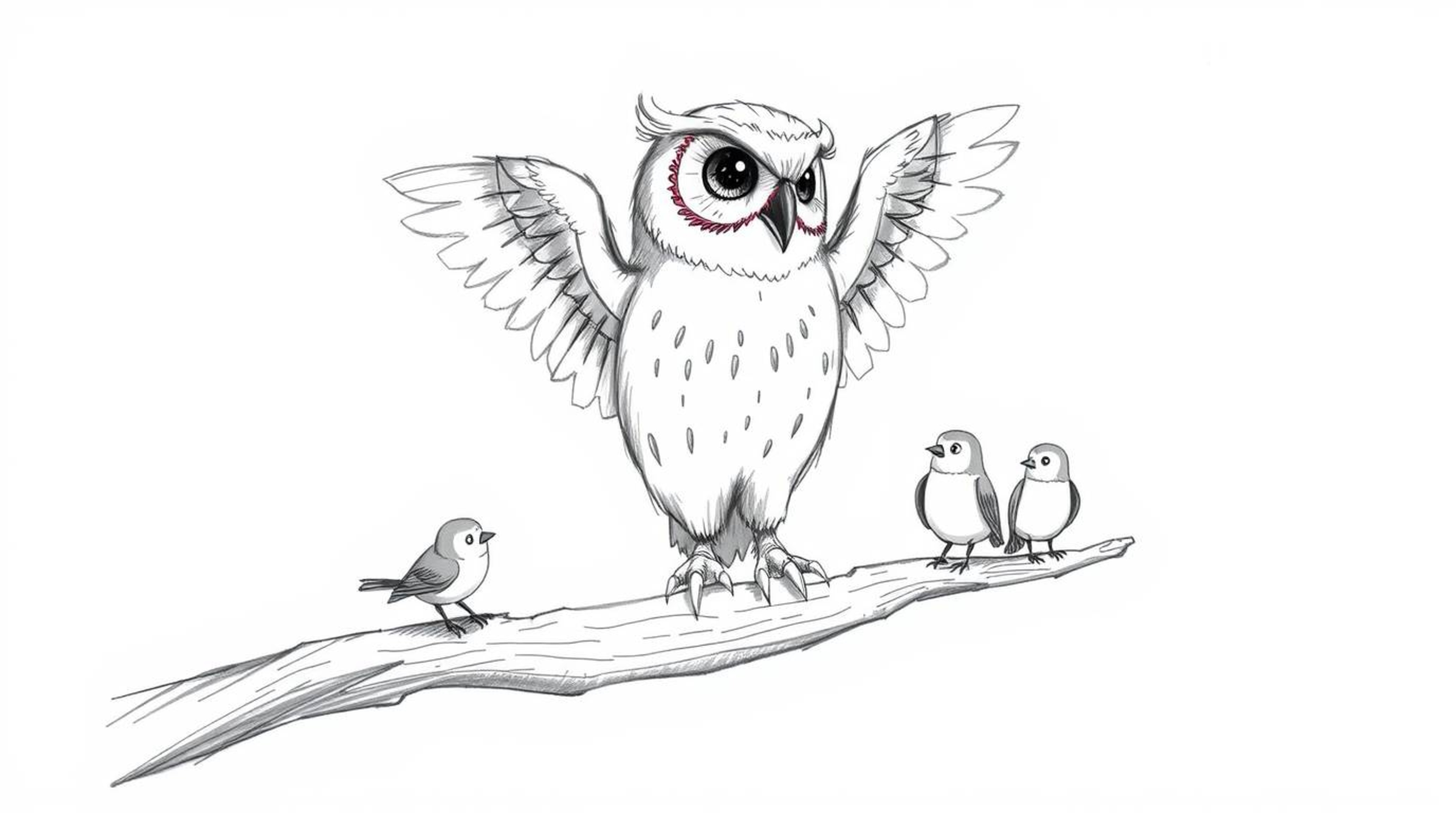 This heartwarming, hand-drawn sketch in the style of Pixar portrays a blind owl with soft, inviting feathers, lovingly teachi