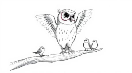 This heartwarming, hand-drawn sketch in the style of Pixar portrays a blind owl with soft, inviting feathers, lovingly teachi