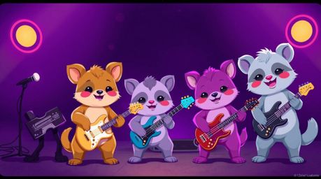 A captivating digital painting showcases an adorable band of cartoon animals rocking out under deep ultraviolet lighting. Viv