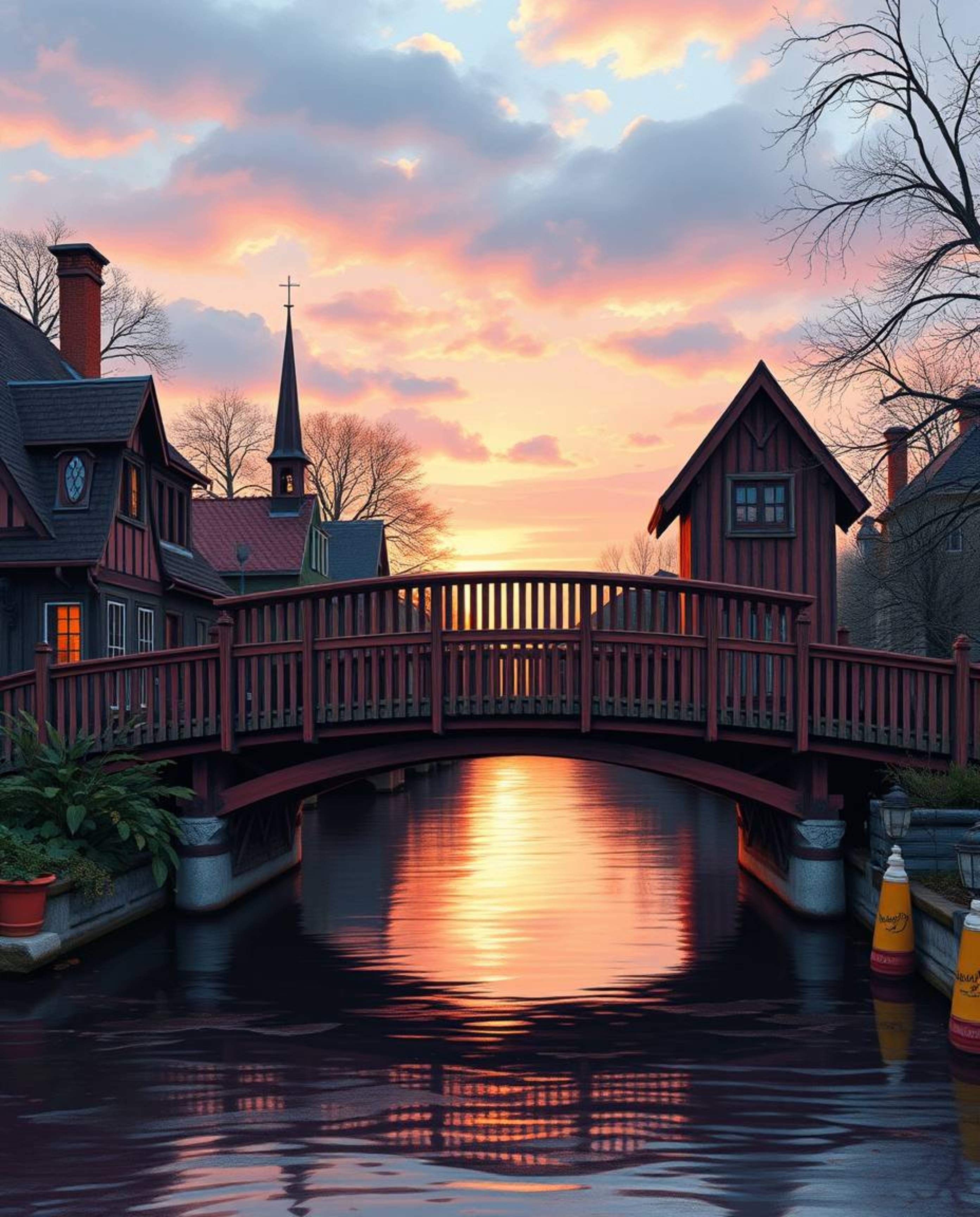 An adorable and charming depiction of an old wooden bridge over a river at sunset. The scene is rendered in a sophisticated a