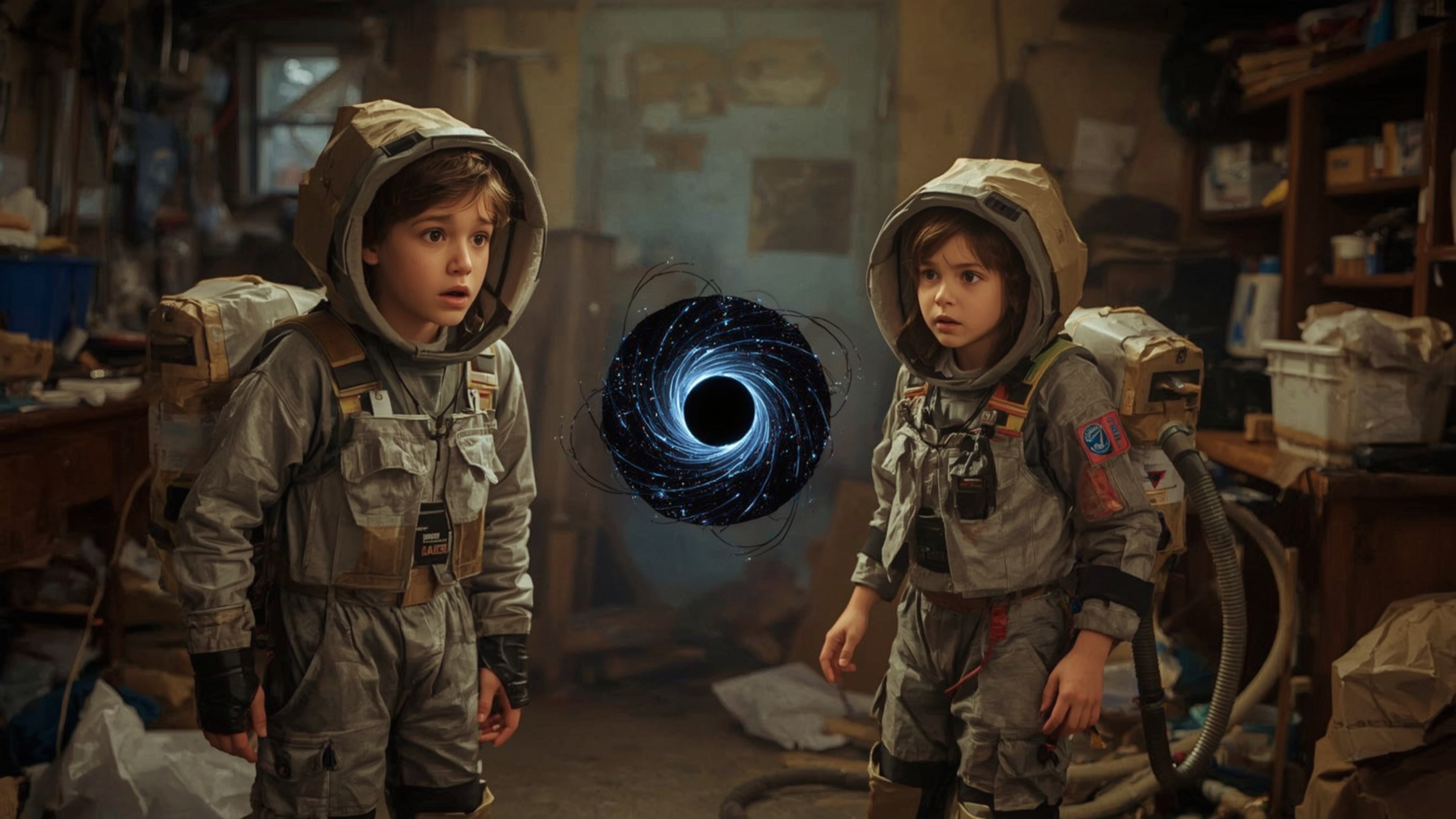 A highly detailed, cinematic photograph in the style of Pixar captures a science fair duo in a cluttered, makeshift laborator