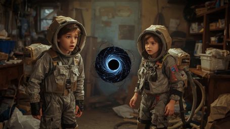 A highly detailed, cinematic photograph in the style of Pixar captures a science fair duo in a cluttered, makeshift laborator
