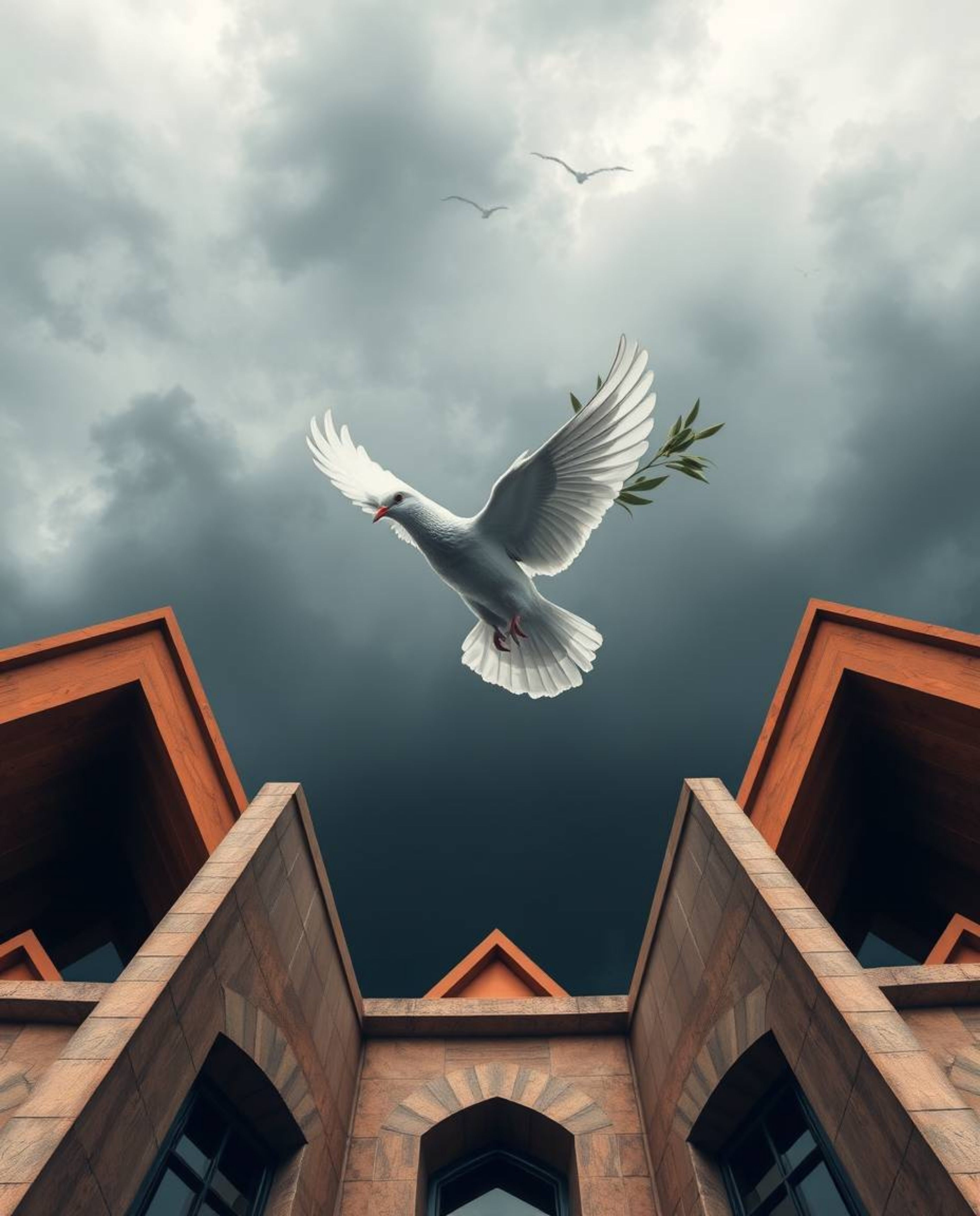 A powerful image of a dove carrying an olive branch through stormy skies, representing hope and peace amidst chaos.  The scen
