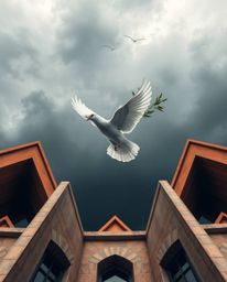 A powerful image of a dove carrying an olive branch through stormy skies, representing hope and peace amidst chaos.  The scen