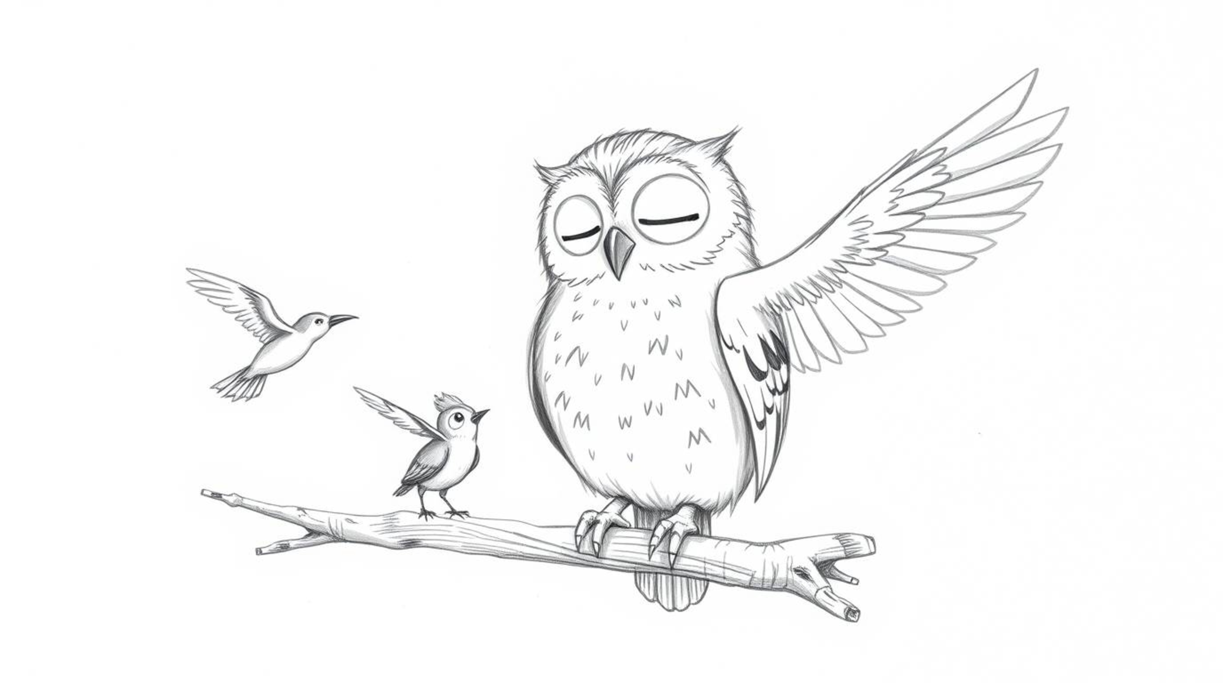 A heartwarming hand-drawn sketch in the style of Pixar depicts a blind owl with soft, downy feathers perched on a hollow bran
