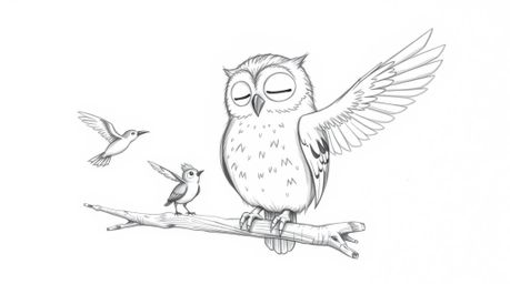 A heartwarming hand-drawn sketch in the style of Pixar depicts a blind owl with soft, downy feathers perched on a hollow bran