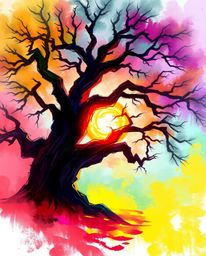A dynamic digital sketch captures a fantasy scene of a sunset behind an old oak tree. Featuring vibrant complementary colors 