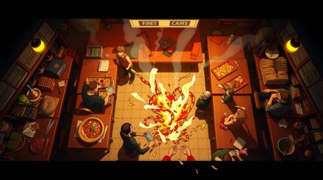 Witness the chaotic and hilarious scene of a wild food fight erupting in a cartoon cafeteria, captured from a dramatic overhe
