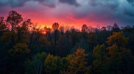Experience a dramatic cinematic scene of a cool-toned autumn forest bathed in the golden light of a setting sun.  The image f
