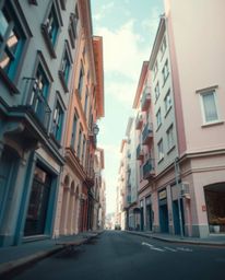 Experience a surreal street scene in extreme macro detail, bathed in soft pastel colors. Buildings fold and twist in a captiv